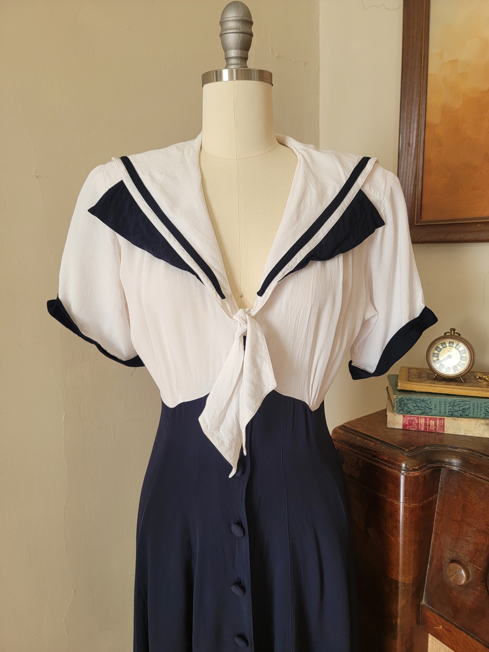 Vintage 80's Navy White Sailor-Style Pinup Dress 8 Medium - Picture 2 of 8